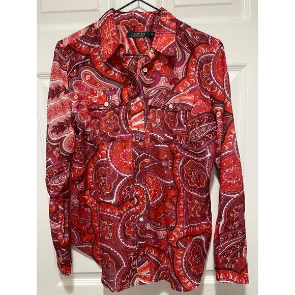 Lauren Ralph Lauren Women's Size M Red Paisley Button-Down Shirt Cotton/Silk - Picture 1 of 4